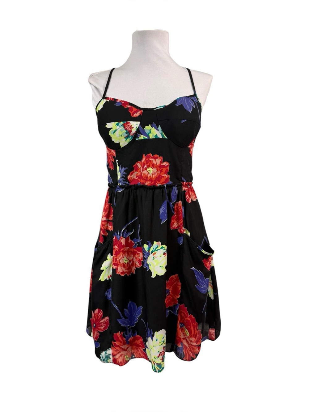 American Eagle Medium Mini Dress Pockets Padded Cups Floral Adjustable Straps